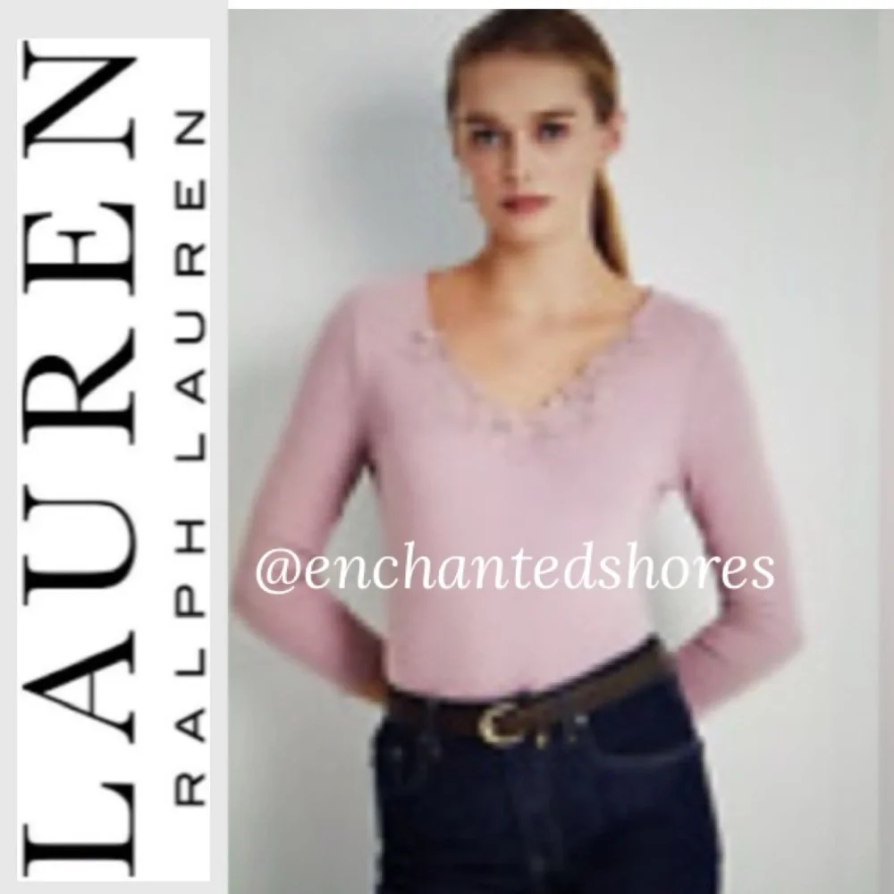 Lauren Ralph Lauren Lace Top Long Sleeve VNeck Ribbed Cottage Rose Pink Women XL